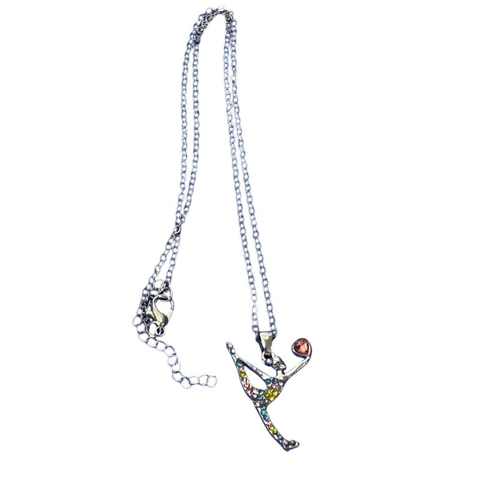 Gymnast Pendant Necklace With Colorful Stones & Silver Chain
